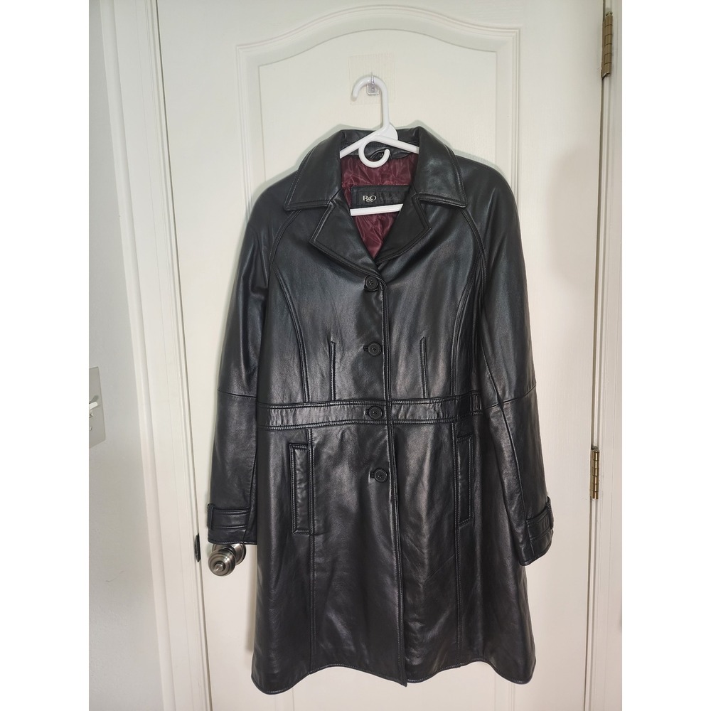 R&O by Shelly Ohms Black Leather Trench Coat Long Jacket Quilted Lining Womens L